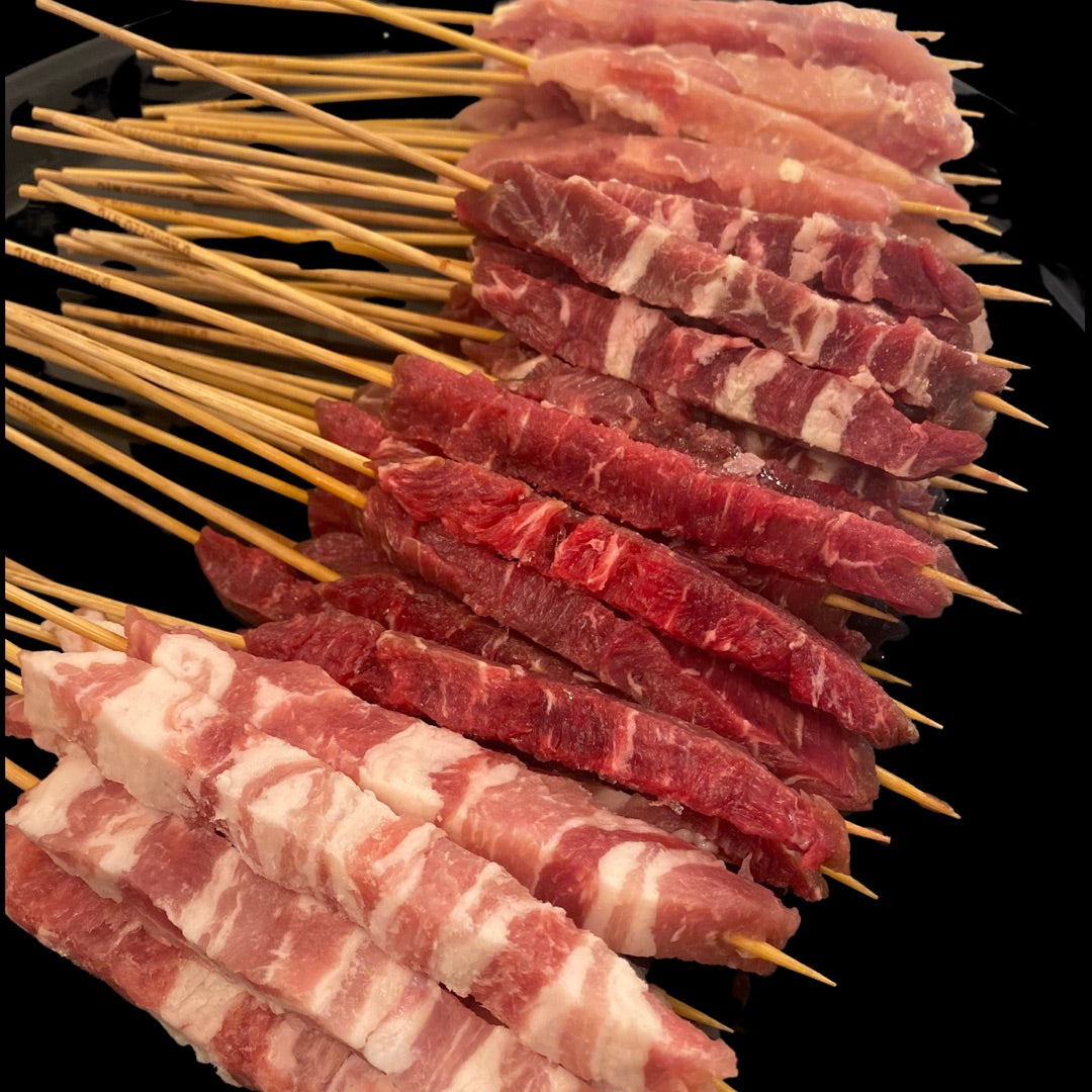 Beef, Chicken, Lamb, Pork Belly, Skewers, 4 x 26 Each, 104 per Cs, Frozen