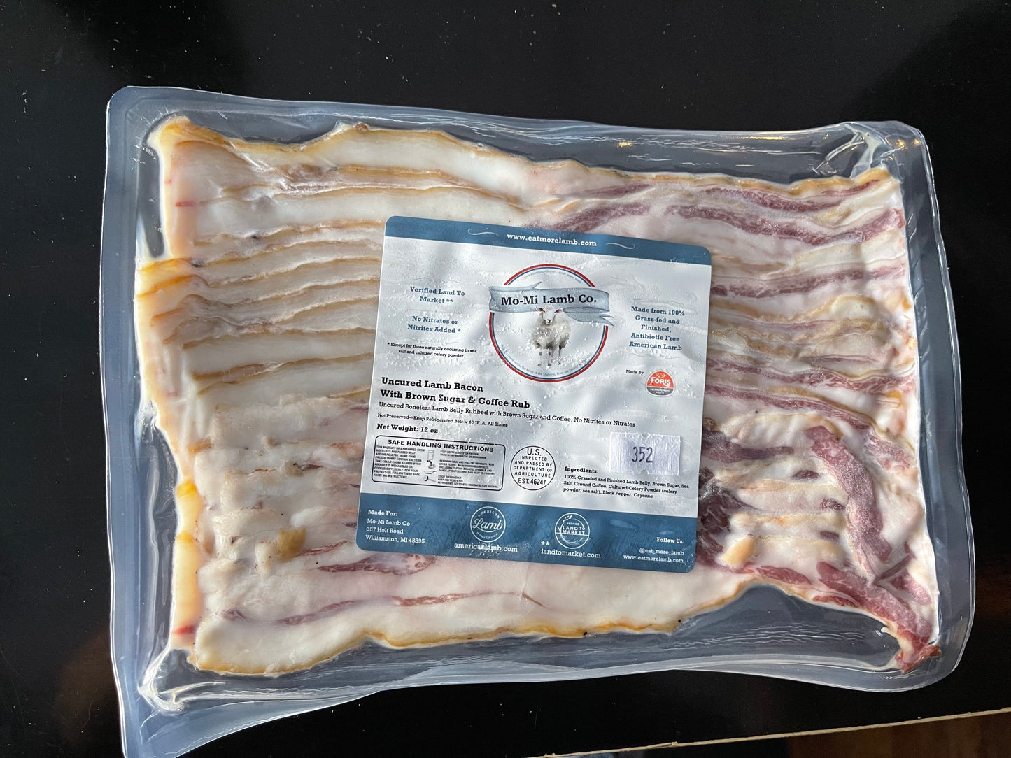 Bacon, Lamb, uncured, 10 x 12 oz case, frozen