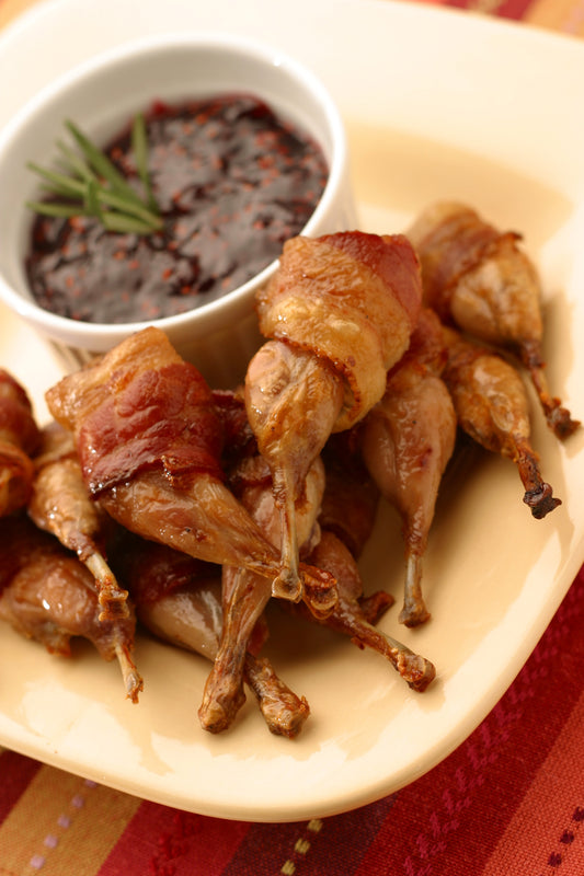 Quail, Manchester Farms, Leg, Part Bnd, Marinated, Bacon Wrap, IQF, 2X40 Pk, 80Ct, Frz, 24Hr Lead